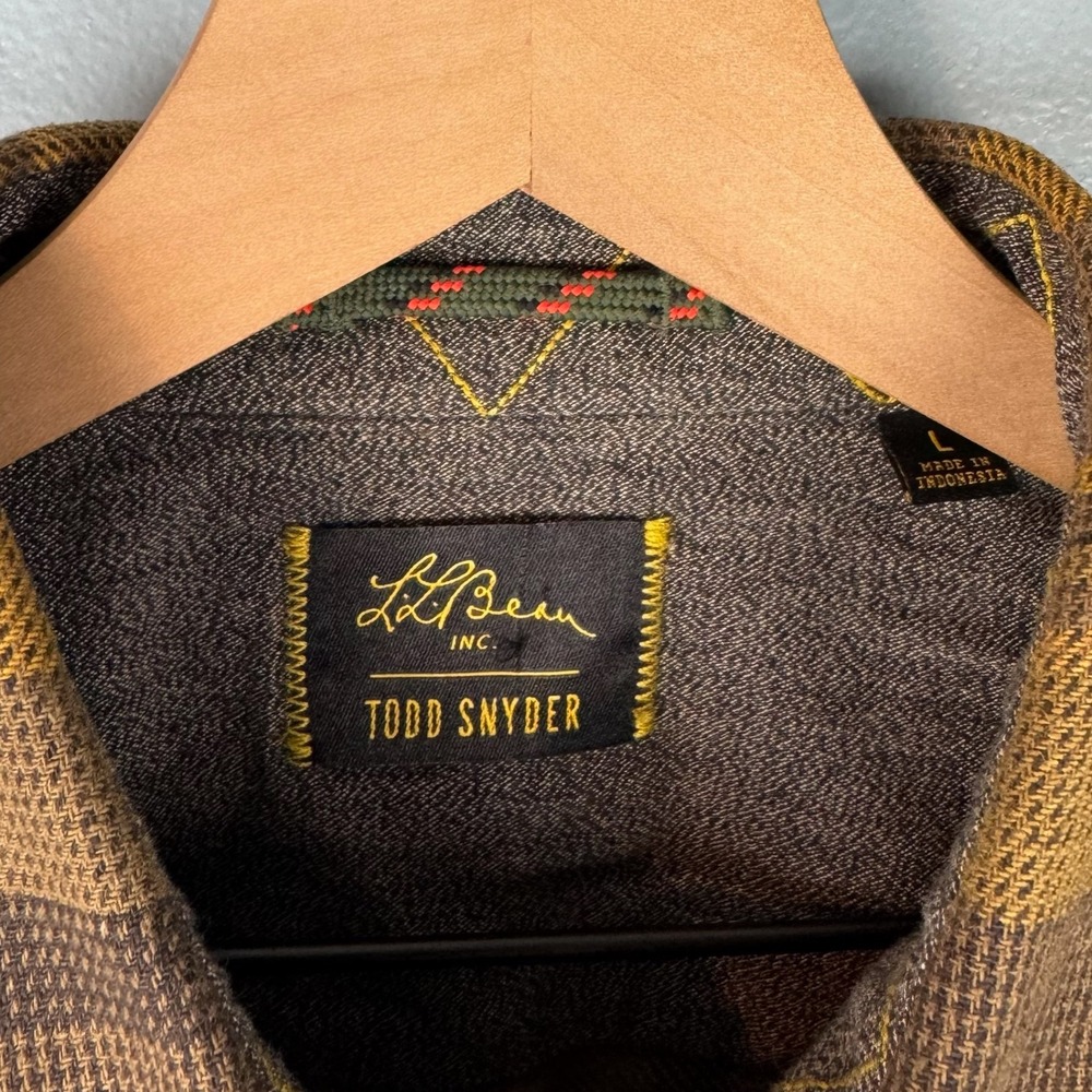 LL Bean Todd Snyder Mens Large Yellow Plaid Elbow Patch Button Up Flannel Shirt - Picture 4 of 9